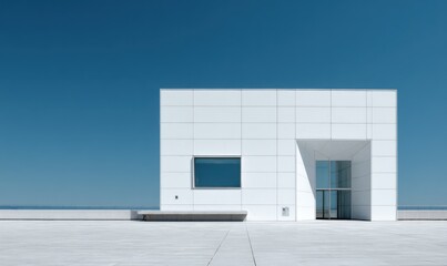 Modern white building against a clear blue sky