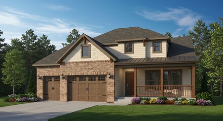 Fototapeta premium Beautiful new home exterior with two car garage and covered porch on sunny day | Modern Architecture & Home Design Inspiration