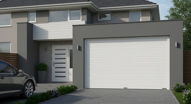roller white garage door gate home facade of house entrance car gray portal building | Modern Architecture & Home Design Inspiration