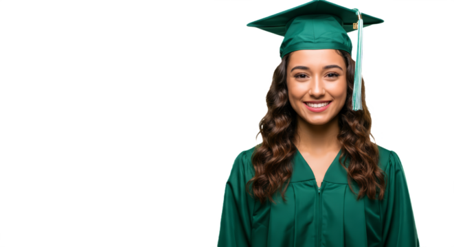 Portrait Of Young Woman In Graduation Clothes isolated on white transparent background, PNG  - Powered by Adobe
