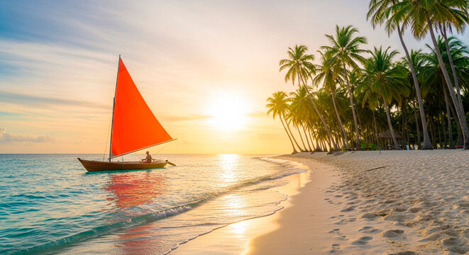 Small Sailboat in Turquoise Waters Near a Tropical Beach with Palm Trees, Evoking a Vacation Feeling
