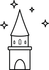 magical wizard tower with stars and crescent moon illustration on transparent background