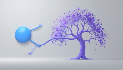 Abstract blue form connects to a tree with purple flowers against a plain background