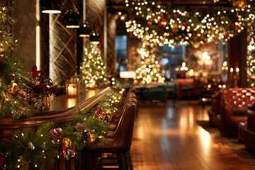 Elegant Christmas bar with warm festive lighting and stylish holiday decorations