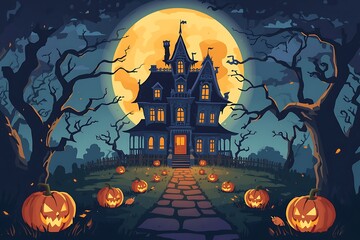 Fototapeta premium Halloween background with pumpkins and haunted house