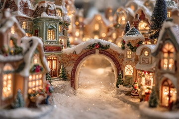 Obraz premium Enchanting Christmas village with snow-covered rooftops and glowing holiday lights