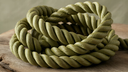 Close up of green rope coil on wooden surface in studio shot