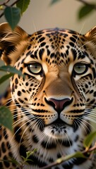 Naklejka premium Majestic leopard close-up wildlife photography natural habitat eye-level animal behavior