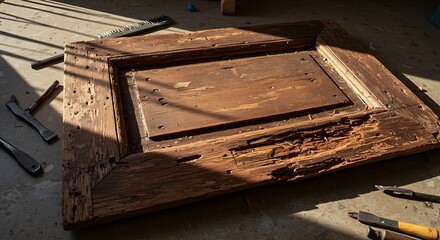 Obraz premium Damaged wood frame of door being repaired | Modern Architecture & Home Design Inspiration