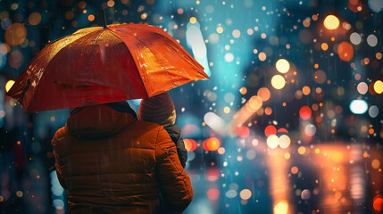 Rainy night scene with people under red umbrella. Bokeh city lights