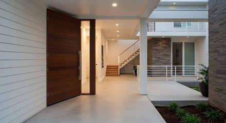 Front entry door of a modern home showing interior staircase and porch | Modern Architecture & Home Design Inspiration