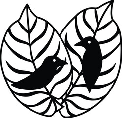 patterned tropical birds in jungle leaves illustration on transparent background