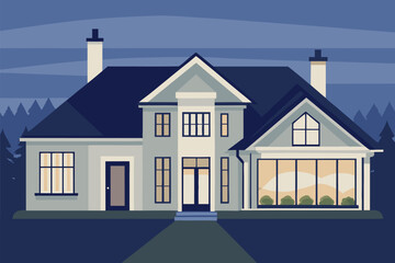 Vector illustration of a blue residential house exterior with a roof and windows, perfect for real estate and architecture projects