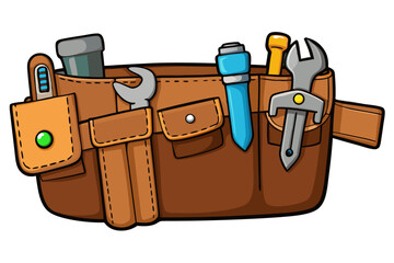 Vintage illustration of an old brown suitcase with a leather belt and metal buckle against a white isolated background
