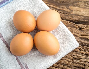 Four eggs on a cloth napkin on a rustic wooden surface