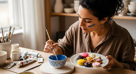 Creative young woman painting pottery in a cozy art studio, surrounded by brushes and paints, expressing her artistic passion and focus while enjoying a peaceful moment of self-expression.

