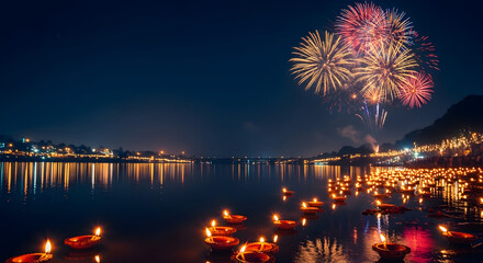 Mesmerizing Diwali night with floating diyas on the river and spectacular fireworks lighting up the sky, reflecting the spirit of hope, light, and togetherness during the festival of lights.


