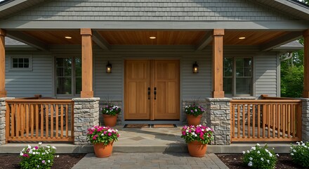Panorama Porch of a house with potted flowers and two wooden front doors. Exterior of a house with gray vinyl wood and stone veneer sidings. | Modern Architecture & Home Design Inspiration