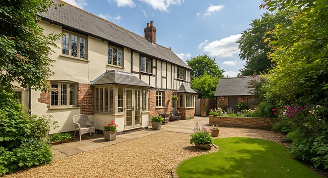 UK house and garden with patio and French doors. Cottage or courtyard garden (backyard) with gravel and York stone paving | Modern Architecture & Home Design Inspiration