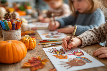 Children Creating Thanksgiving drawings with Handprint With Autumn Decorations