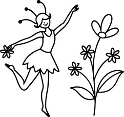whimsical fairy dancing in floral meadow illustration on transparent background