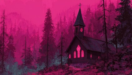 Fototapeta premium A dark, secluded church stands amidst a vibrant, pink-hued forest, bathed in an ethereal glow.