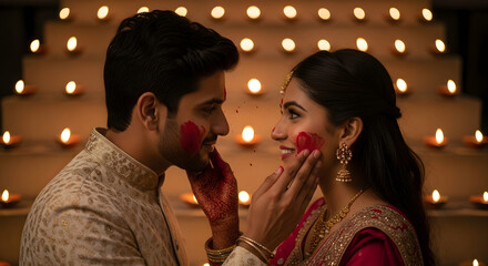 Couple in traditional attire celebrates festival, applying red powder to each other's faces, surrounded by rows of glowing diyas, embracing love, joy, and the warmth of Indian traditions.

