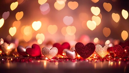 Hearts scattered on a surface with glowing lights blurred in background, romantic, festive