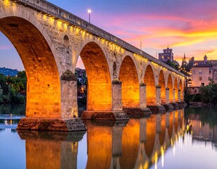 Fototapeta premium Stone arch bridge at sunset over a calm river
