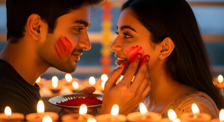 Young Couple Smiling and Applying Red Powder to Each Other’s Faces, Surrounded by Rows of Diyas, Celebrating Love, Togetherness, and the Warmth of Indian Festive Traditions

