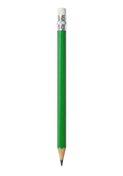 Vibrant green unsharpened wooden pencil with silver ferrule, white eraser, subtle wood grain, isolated on transparent, no shadows, concept for commercial product advertising.