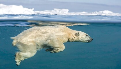 Polar bear swims in clear arctic waters below an ice floe in a half-underwater shot