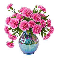 Pink carnation flowers in a vase isolated on transparent background