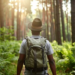 Obraz premium A person with a backpack hikes through a sunlit forest