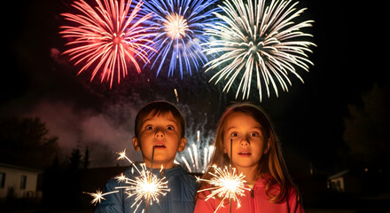 Children Holding Sparklers Watch Vibrant Fireworks Light Up the Night Sky, Their Faces Filled with Awe and Joy, Capturing the Magic and Wonder of Festive Celebrations Outdoors

