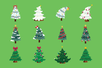 Collection of decorated Christmas trees with ornaments, stars, and festive lights.