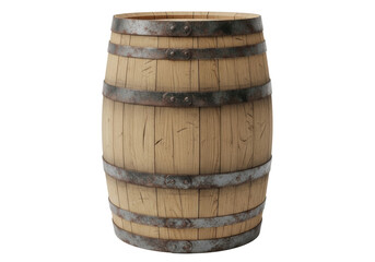 Fototapeta premium A rustic, aged wooden barrel of light brown oak with prominent wood grain, cracks, and weathered dark metal hoops, on a transparent studio background with no shadows. Concept for commercial