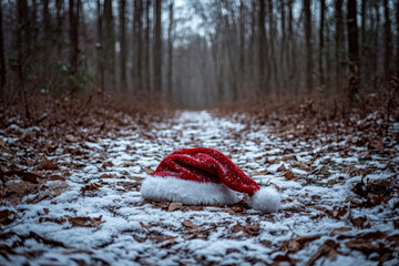 A Santa hat rests on a snowy forest path surrounded by bare trees. Concept of winter holiday, solitude, or mystery. For holiday greeting cards