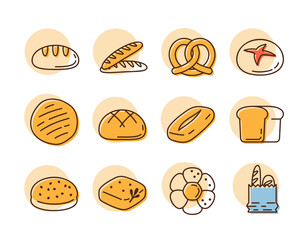 Various Bread Types Vector Icon Collection
