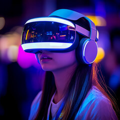 A woman is wearing a virtual reality headset, surrounded by colorful neon lights. Concept of immersive technology experience.