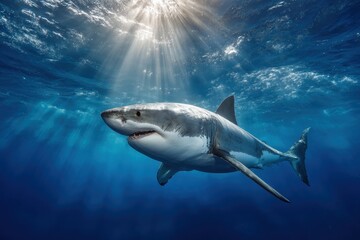 Naklejka premium Great white shark swimming gracefully in the clear blue waters of the Pacific Ocean under the sunlight