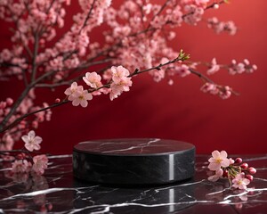Elegant Product Display with Cherry Blossoms and Marble Pedestal on Red Background