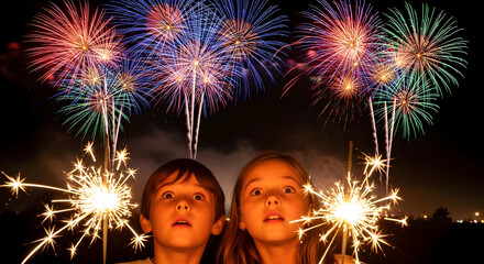 Children Holding Sparklers in Awe as Vibrant Fireworks Burst in the Night Sky, Capturing the Wonder, Excitement, and Joy of a Magical Festive Celebration

