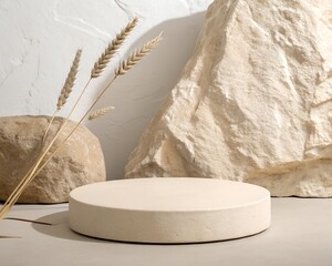 Neutral Product Display Podium with Natural Stone and Wheat Stalks for Presentation