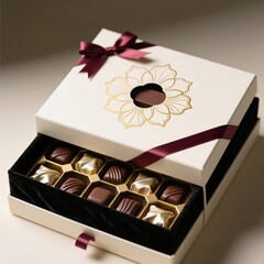 Elegante caja blanca con cinta roja y flor dorada, contiene chocolates finos en compartimentos de terciopelo negro. Ideal para regalos especiales y ocasiones románticas