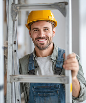 Profesional de la construcci&oacute;n con casco amarillo y mono de trabajo sonriente, posando junto a escalera met&aacute;lica en entorno de obra, transmitiendo confianza, seguridad y actitud positiva en el trabajo