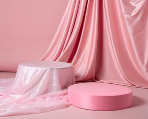 Elegant Pink Product Display Platforms with Flowing Fabric Background for Presentation