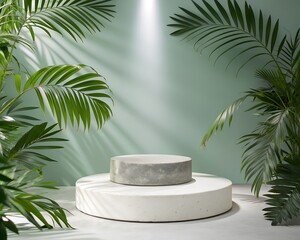 Minimalist Product Display Podium Surrounded by Lush Tropical Palm Leaves and Sunlight