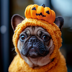 A pug is wearing an orange knitted pumpkin costume with a hat resembling a carved face. Concept of Halloween pet dress-up. For festive animal-themed promotions.