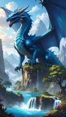 Majestic blue dragon overlooking a tranquil valley